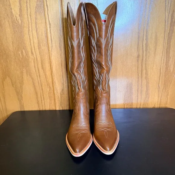 ISNOM Sz 7.5 Women's Brown Faux Leather Tall Cowboy Boots Western NIB - Picture 3 of 9